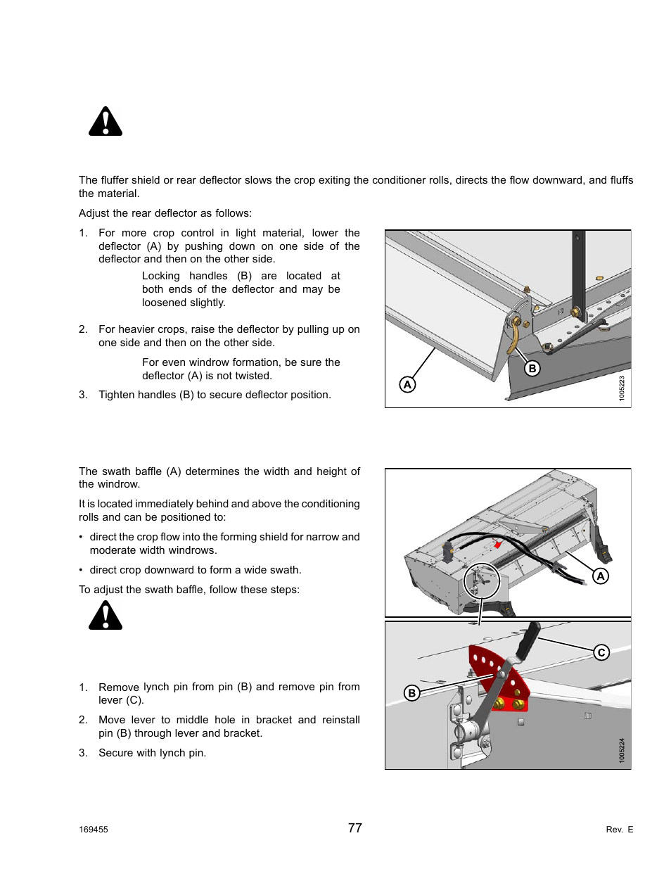 2adjusting the rear deflector (fluffer shield), 3adjusting the swath baffle, Adjusting the rear deflector (fluffer shield) | Adjusting the swath baffle, Danger | MacDon R85 Rotary Disc 13 Foot Self-Propelled Windrower Header User Manual | Page 85 / 168