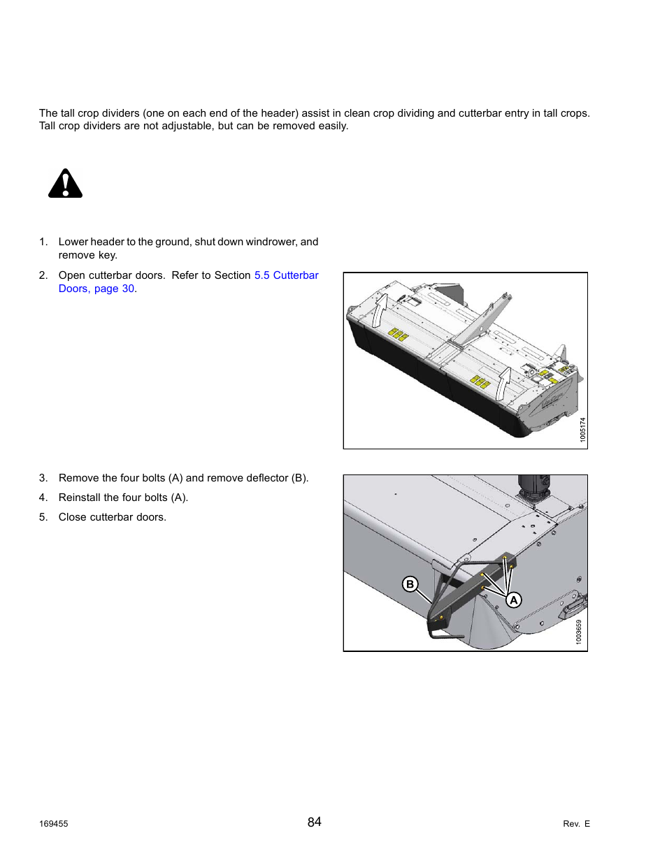 11tall crop dividers (option), 1removing tall crop divider, Tall crop dividers (option) | Removing tall crop divider, Danger, 11 tall crop dividers (option) | MacDon R85 Rotary Disc 13 Foot Self-Propelled Windrower Header User Manual | Page 92 / 168
