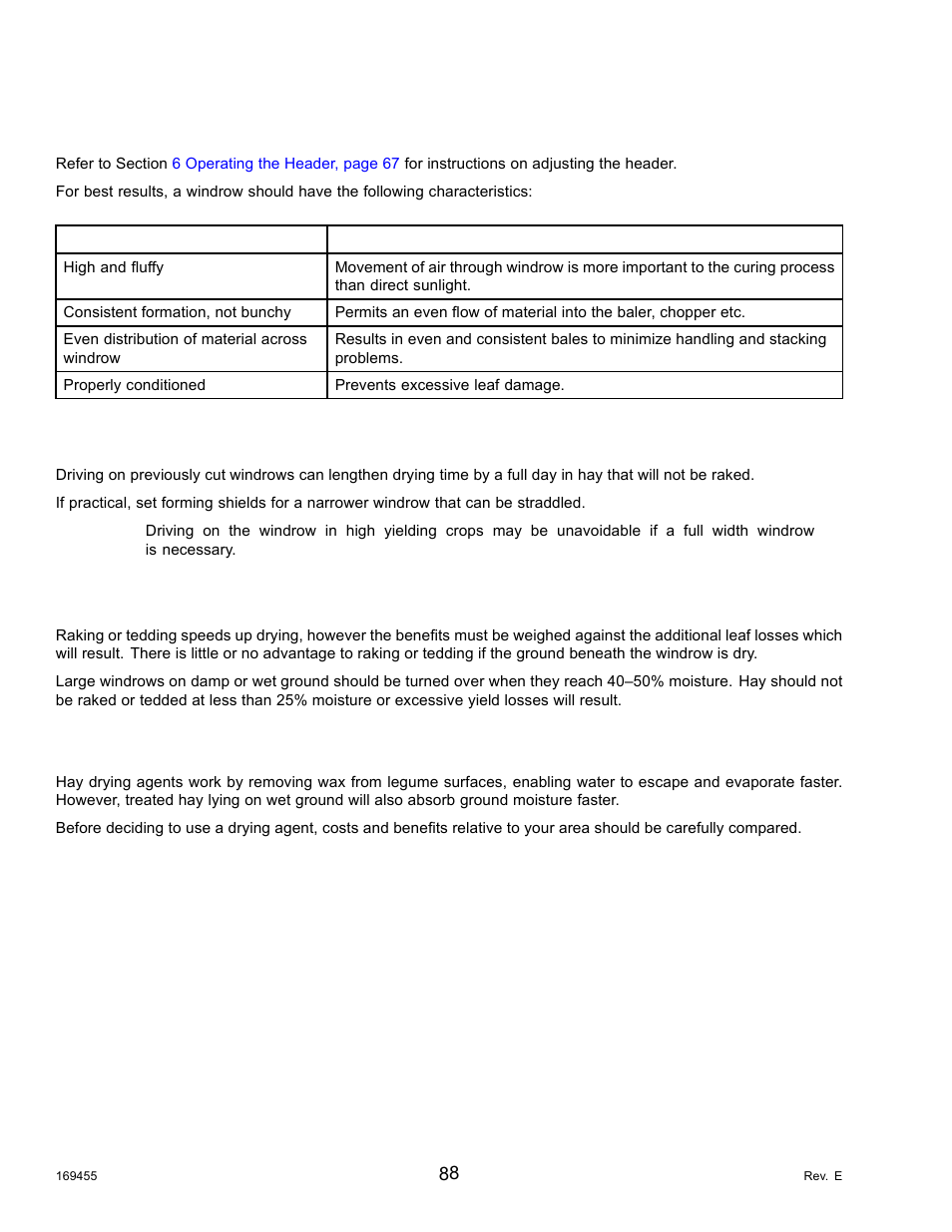 4windrow characteristics, 5driving on windrow, 6raking and tedding | 7using chemical drying agents, Windrow characteristics, Driving on windrow, Raking and tedding, Using chemical drying agents | MacDon R85 Rotary Disc 13 Foot Self-Propelled Windrower Header User Manual | Page 96 / 168