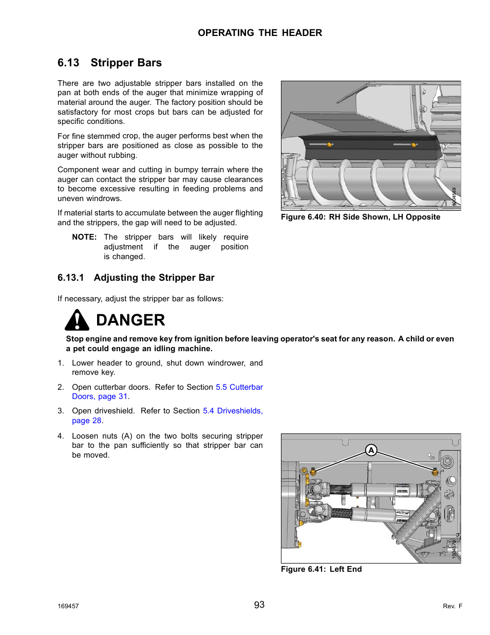 13stripper bars, 1adjusting the stripper bar, Stripper bars | Adjusting the stripper bar, Danger, 13 stripper bars | MacDon R85 Rotary Disc 16 Foot Self-Propelled Windrower Headers User Manual | Page 101 / 182