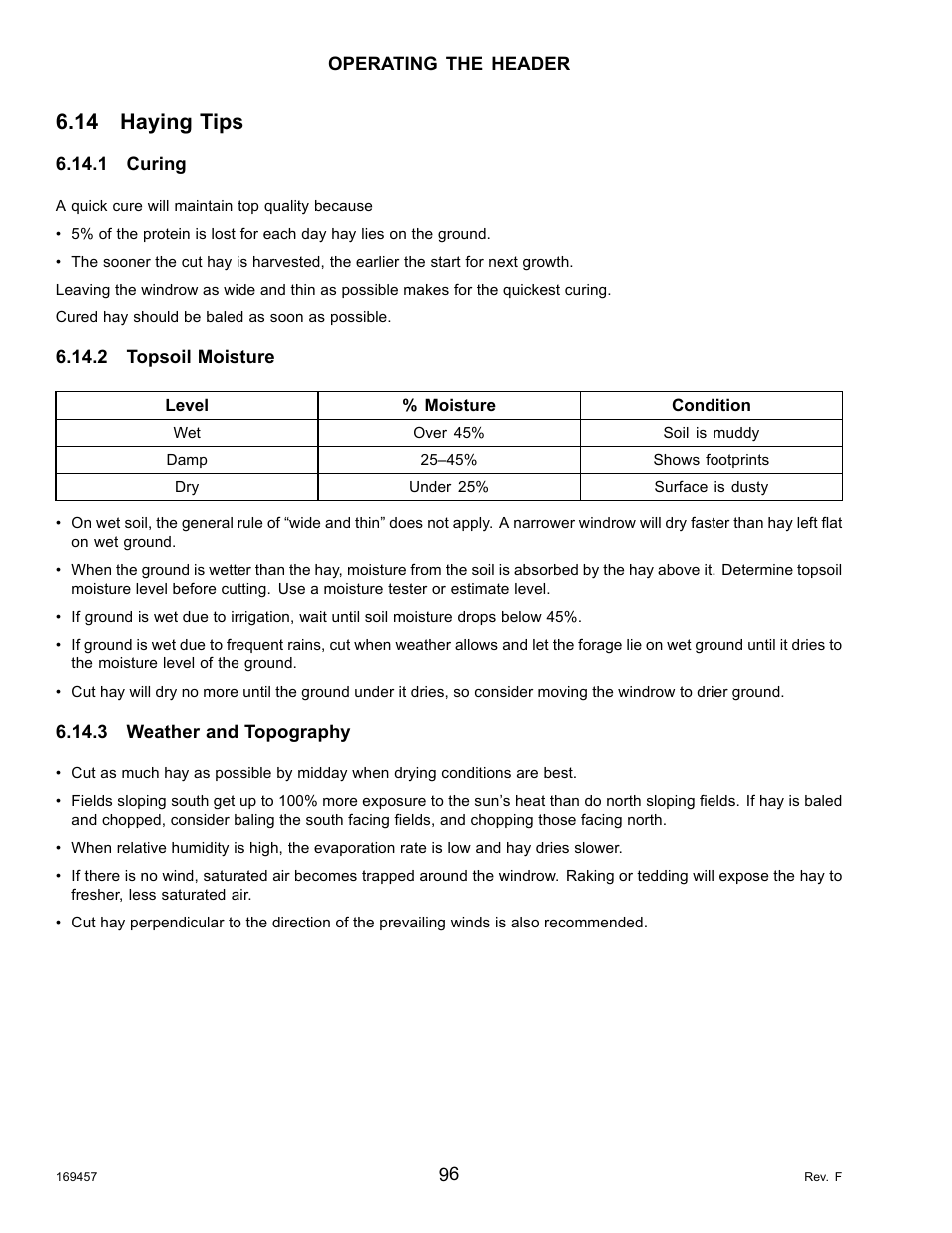 14haying tips, 1curing, 2topsoil moisture | 3weather and topography, Haying tips, Curing, Topsoil moisture, Weather and topography, 14 haying tips | MacDon R85 Rotary Disc 16 Foot Self-Propelled Windrower Headers User Manual | Page 104 / 182