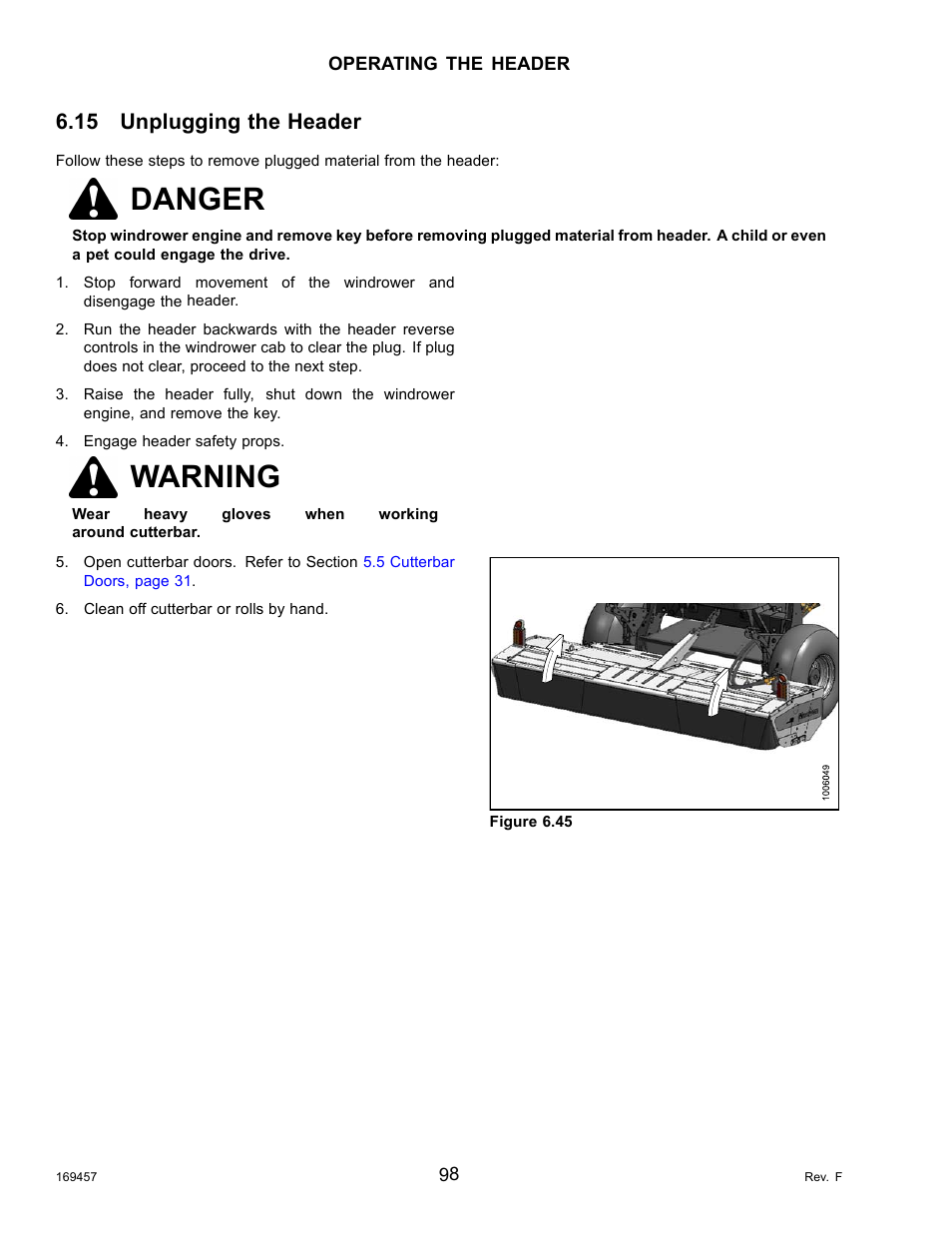 15unplugging the header, Unplugging the header, Danger | Warning, 15 unplugging the header | MacDon R85 Rotary Disc 16 Foot Self-Propelled Windrower Headers User Manual | Page 106 / 182