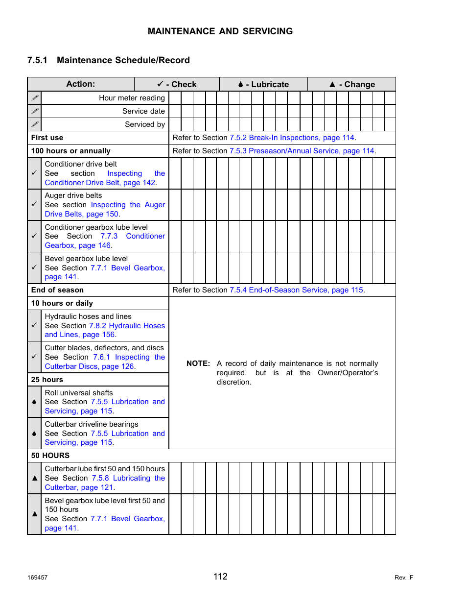 1maintenance schedule/record, Maintenance schedule/record | MacDon R85 Rotary Disc 16 Foot Self-Propelled Windrower Headers User Manual | Page 120 / 182