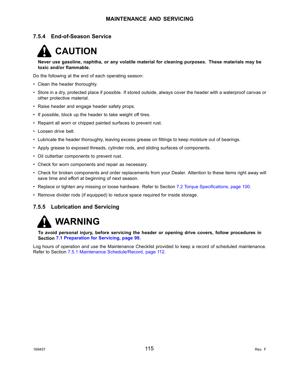 4end-of-season service, 5lubrication and servicing, End-of-season service | Lubrication and servicing, 5 lubrication and, Caution, Warning | MacDon R85 Rotary Disc 16 Foot Self-Propelled Windrower Headers User Manual | Page 123 / 182