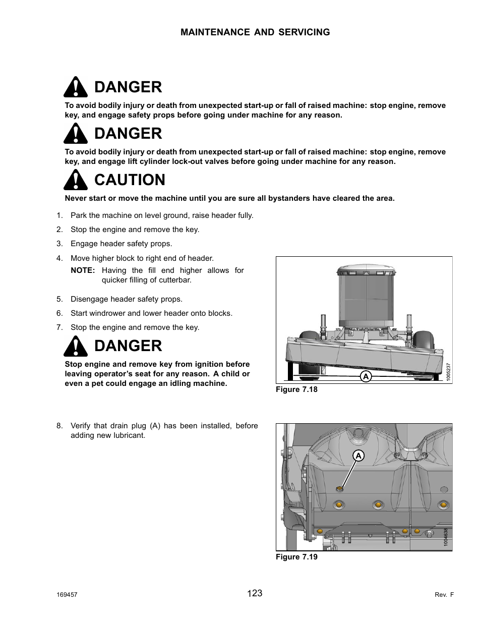Filling the cutterbar lubricant, Danger, Caution | MacDon R85 Rotary Disc 16 Foot Self-Propelled Windrower Headers User Manual | Page 131 / 182