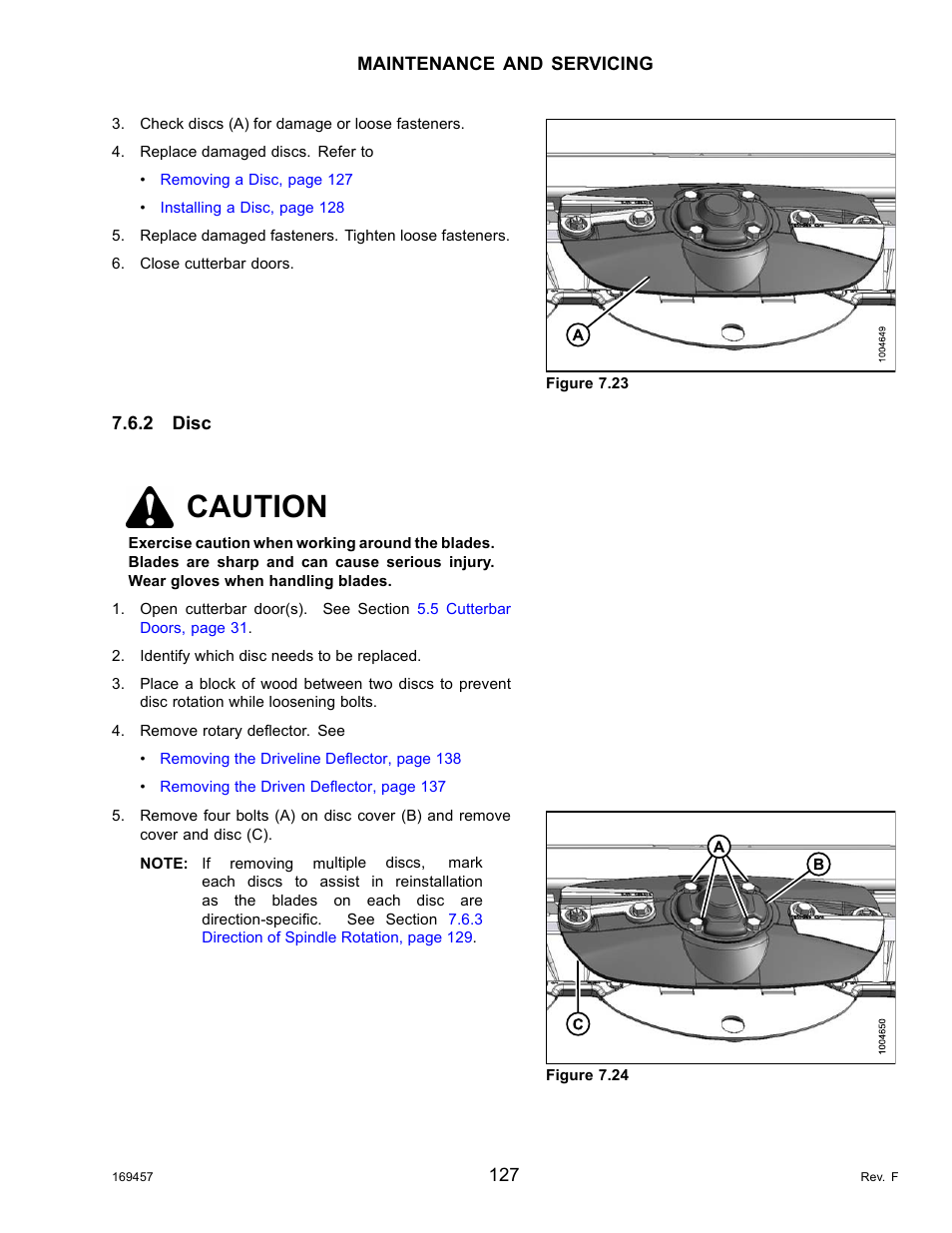 2disc, Removing a disc, Disc | Caution | MacDon R85 Rotary Disc 16 Foot Self-Propelled Windrower Headers User Manual | Page 135 / 182