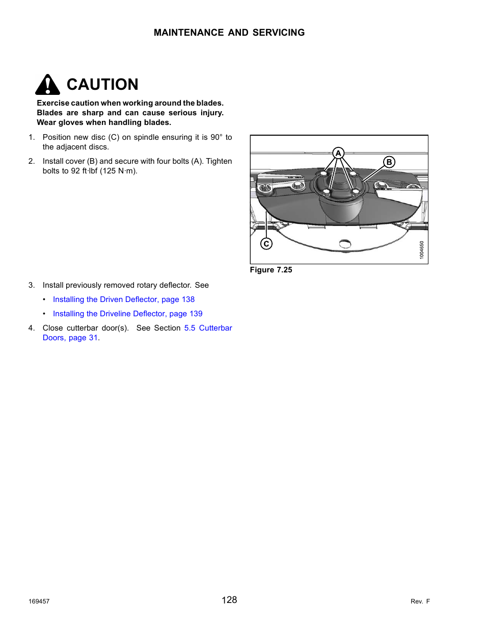 Installing a disc, Caution | MacDon R85 Rotary Disc 16 Foot Self-Propelled Windrower Headers User Manual | Page 136 / 182