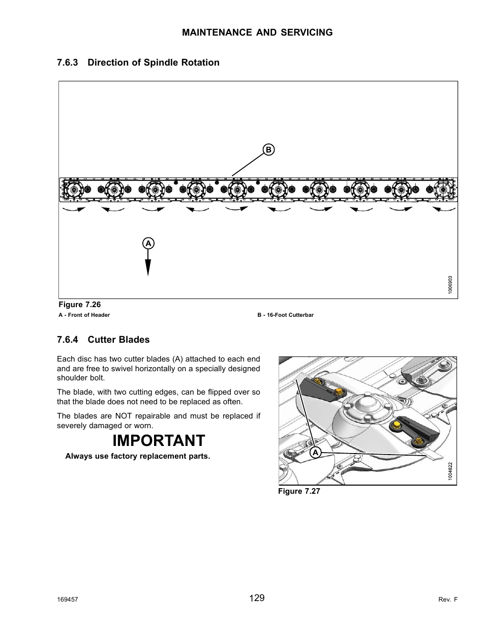 3direction of spindle rotation, 4cutter blades, Direction of spindle rotation | Cutter blades, Important | MacDon R85 Rotary Disc 16 Foot Self-Propelled Windrower Headers User Manual | Page 137 / 182