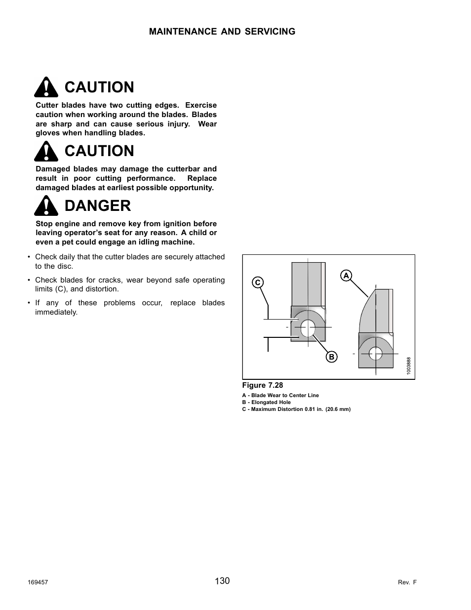 Inspecting cutter blades, Caution, Danger | MacDon R85 Rotary Disc 16 Foot Self-Propelled Windrower Headers User Manual | Page 138 / 182