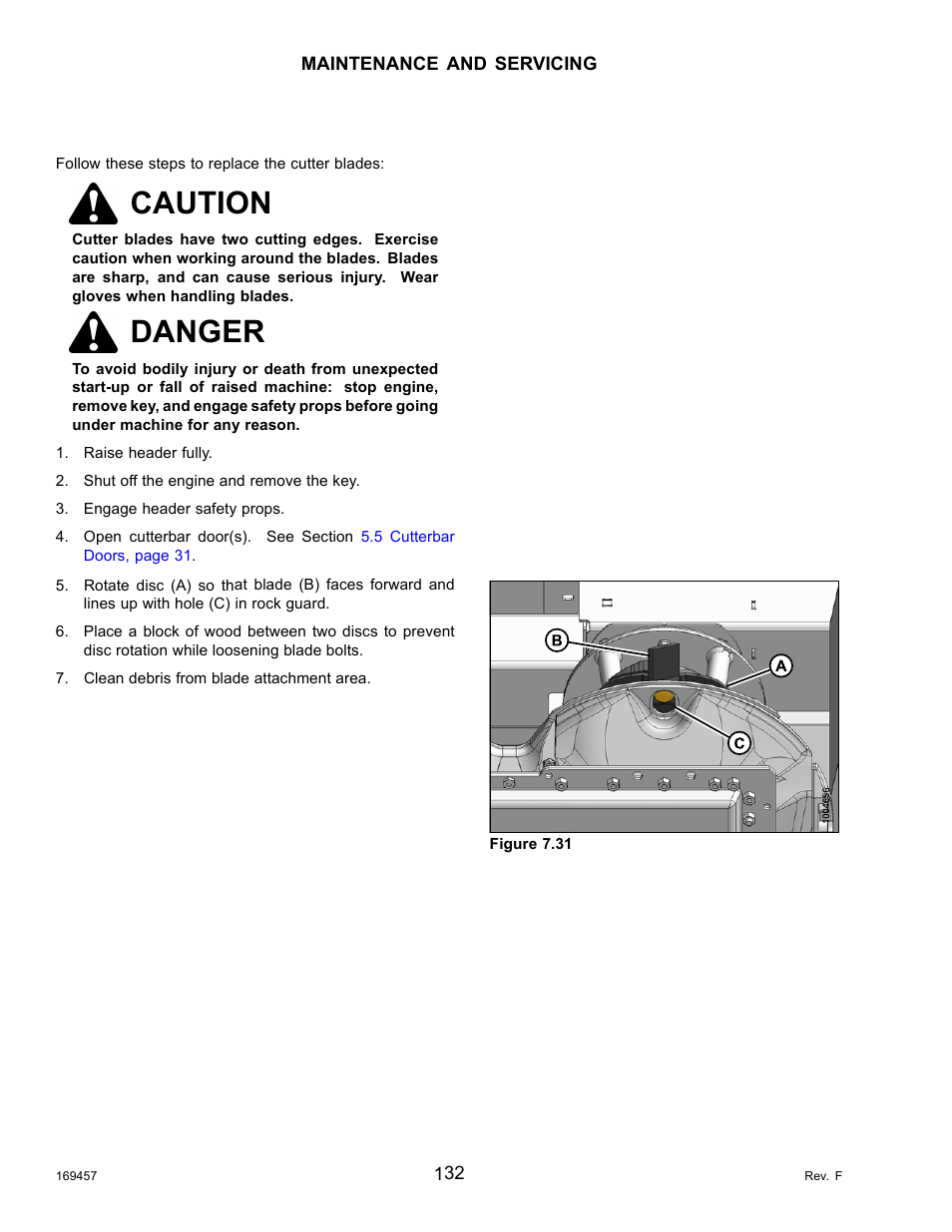 Replacing the cutter blades, Caution, Danger | MacDon R85 Rotary Disc 16 Foot Self-Propelled Windrower Headers User Manual | Page 140 / 182