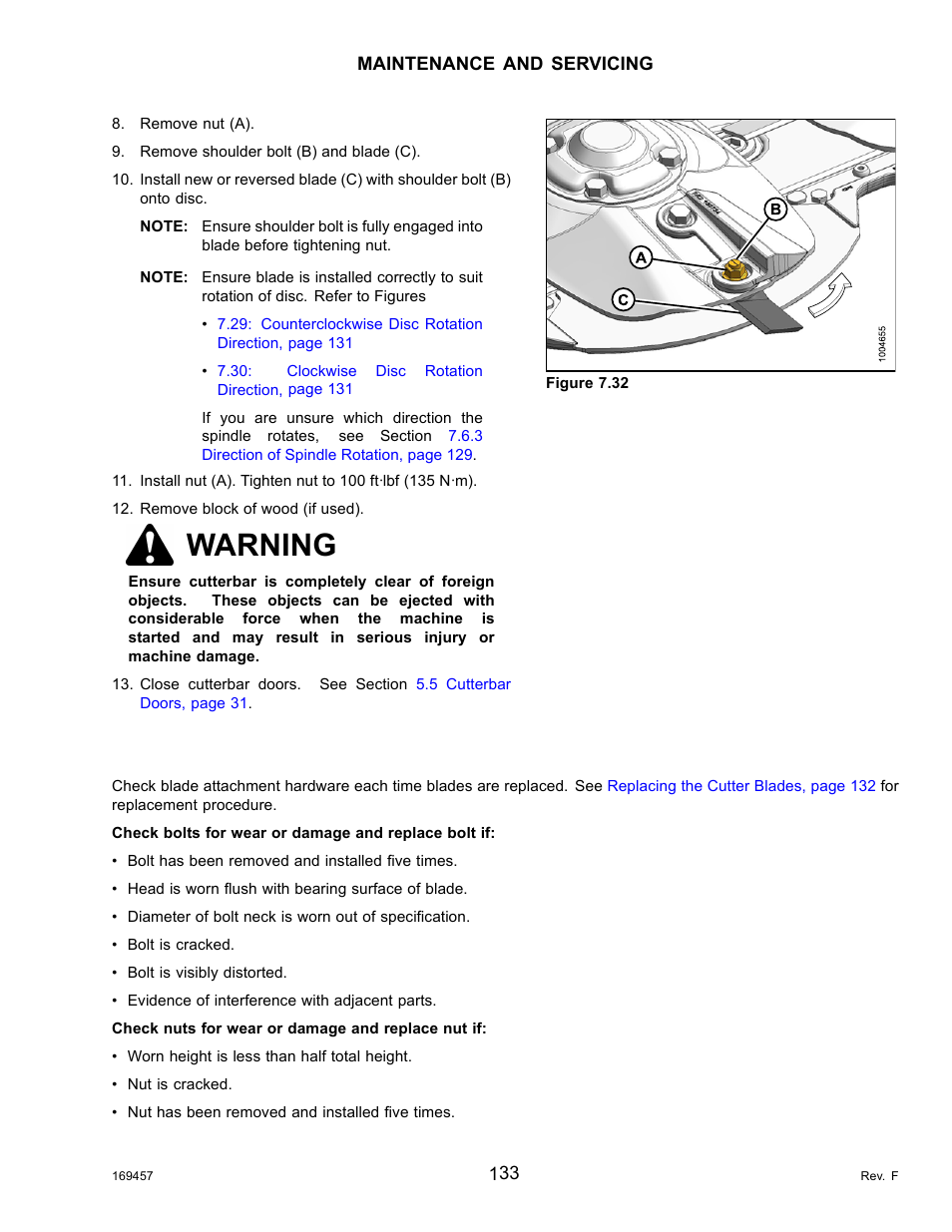 Inspecting cutterbar hardware, Warning | MacDon R85 Rotary Disc 16 Foot Self-Propelled Windrower Headers User Manual | Page 141 / 182