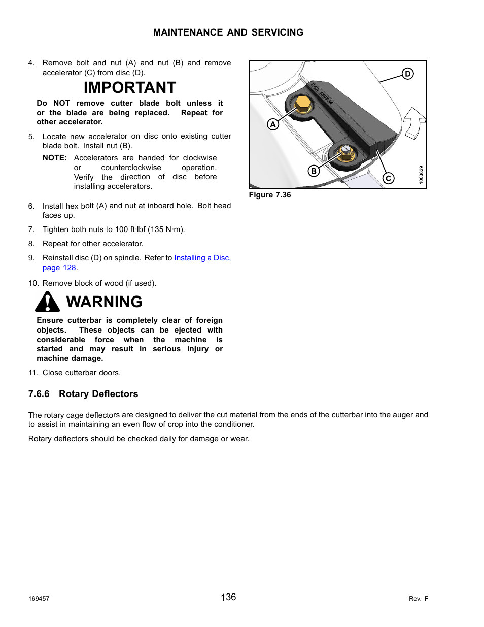 6rotary deflectors, Rotary deflectors, Important | Warning | MacDon R85 Rotary Disc 16 Foot Self-Propelled Windrower Headers User Manual | Page 144 / 182