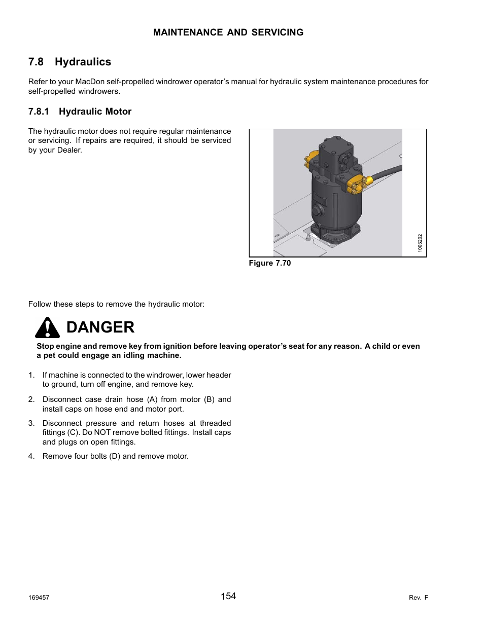 8hydraulics, 1hydraulic motor, Removing the hydraulic motor | Hydraulics, Hydraulic motor, Danger, 8 hydraulics | MacDon R85 Rotary Disc 16 Foot Self-Propelled Windrower Headers User Manual | Page 162 / 182