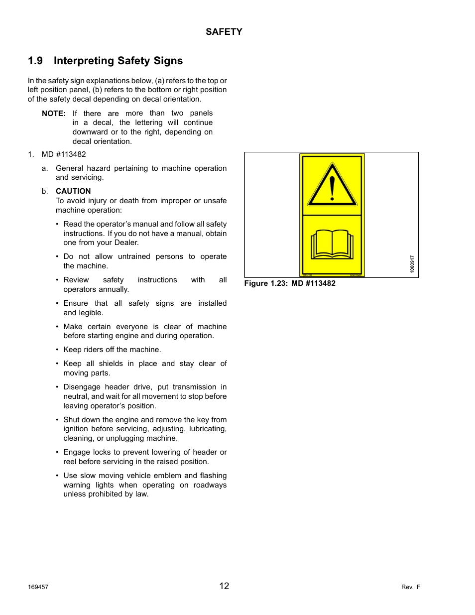 9interpreting safety signs, Interpreting safety signs, 9 interpreting safety signs | MacDon R85 Rotary Disc 16 Foot Self-Propelled Windrower Headers User Manual | Page 20 / 182