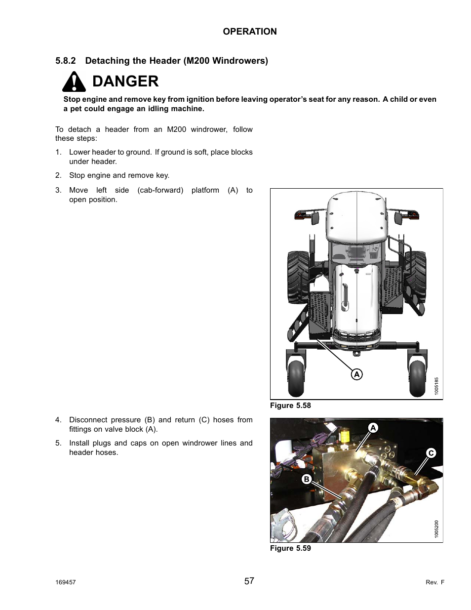 2detaching the header (m200 windrowers), Detaching the header (m200 windrowers), Danger | MacDon R85 Rotary Disc 16 Foot Self-Propelled Windrower Headers User Manual | Page 65 / 182