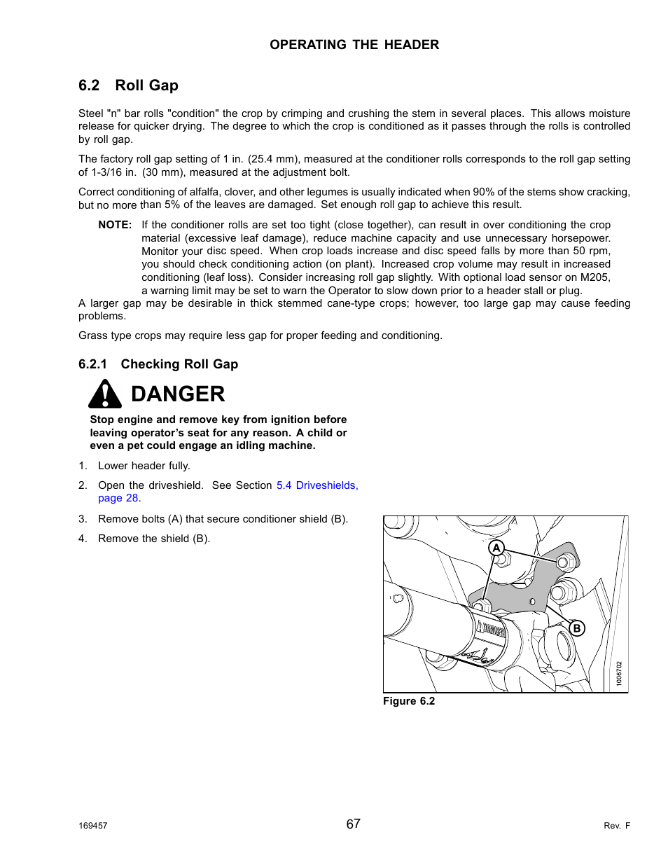 2roll gap, 1checking roll gap, Roll gap | Checking roll gap, Danger, 2 roll gap | MacDon R85 Rotary Disc 16 Foot Self-Propelled Windrower Headers User Manual | Page 75 / 182