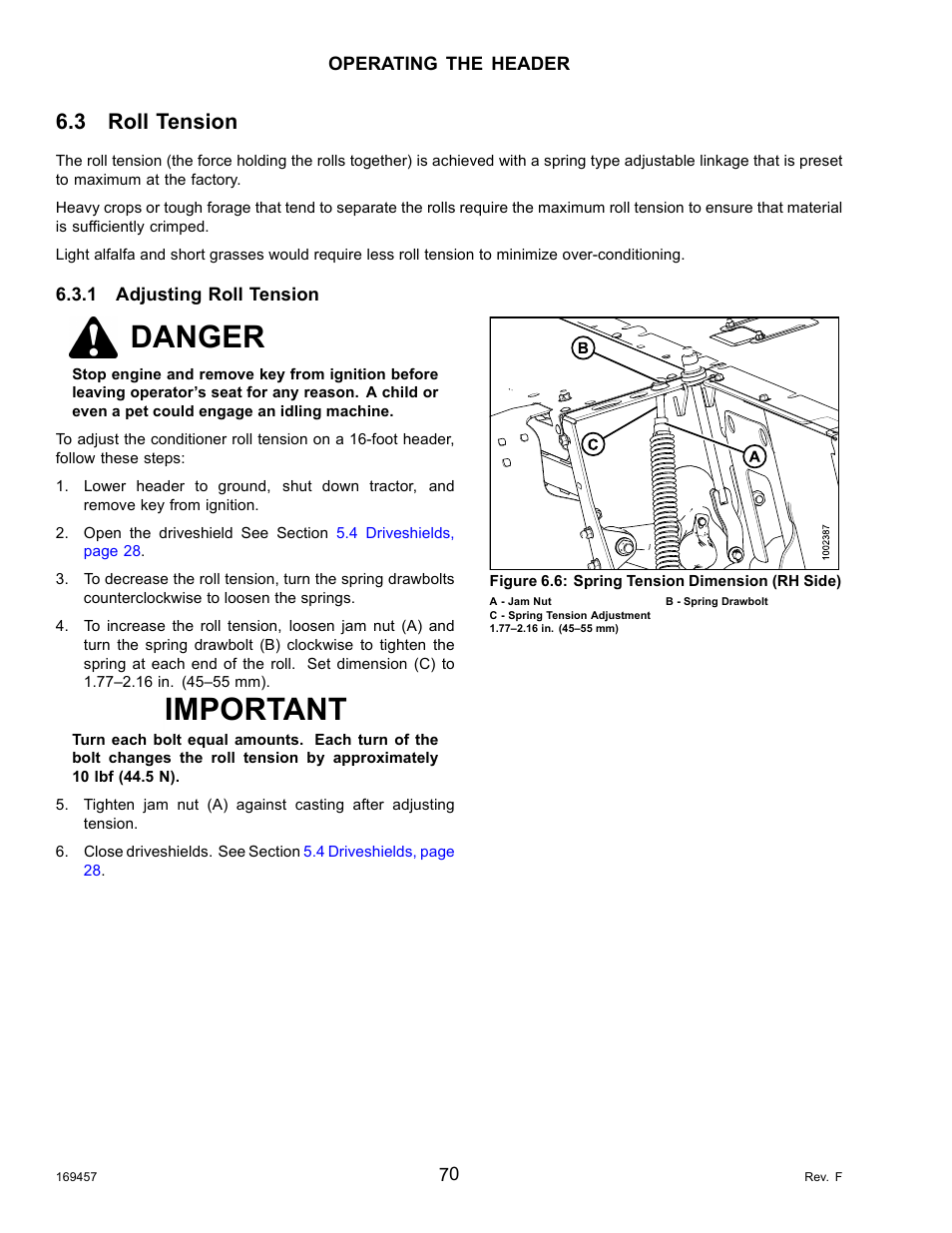 3roll tension, 1adjusting roll tension, Roll tension | Adjusting roll tension, Danger, Important, 3 roll tension | MacDon R85 Rotary Disc 16 Foot Self-Propelled Windrower Headers User Manual | Page 78 / 182