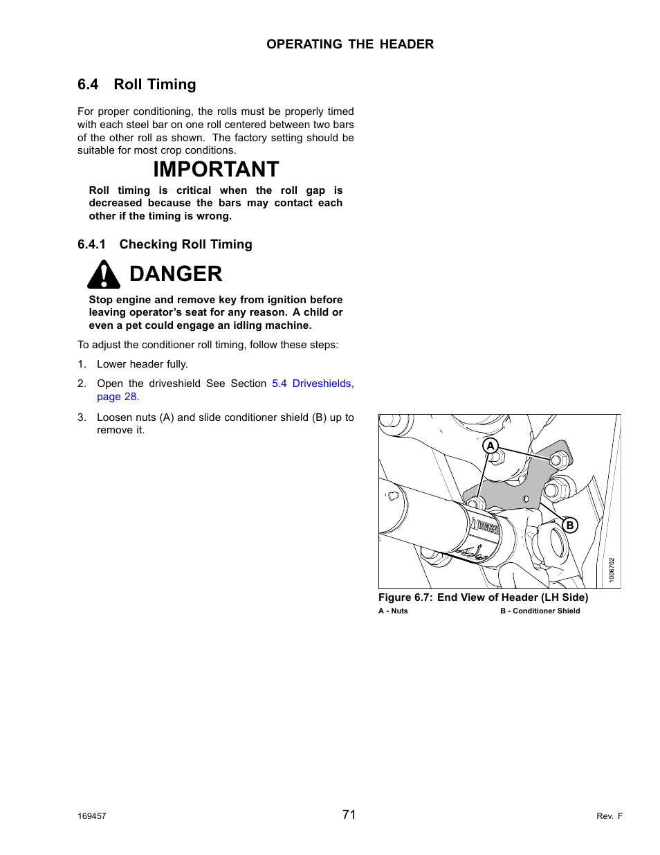 4roll timing, 1checking roll timing, Roll timing | Checking roll timing, Important, Danger, 4 roll timing | MacDon R85 Rotary Disc 16 Foot Self-Propelled Windrower Headers User Manual | Page 79 / 182