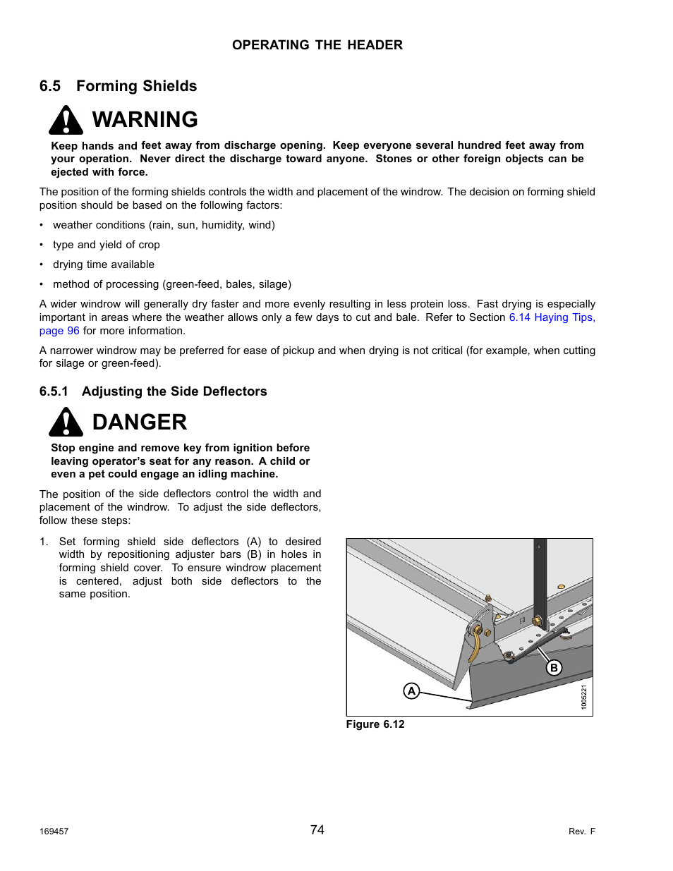 5forming shields, 1adjusting the side deflectors, Forming shields | Adjusting the side deflectors, Warning, Danger, 5 forming shields | MacDon R85 Rotary Disc 16 Foot Self-Propelled Windrower Headers User Manual | Page 82 / 182