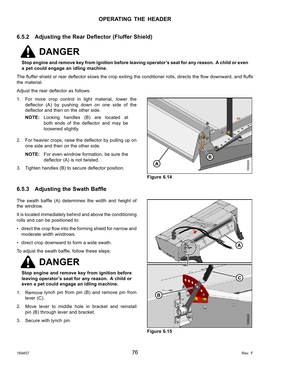 2adjusting the rear deflector (fluffer shield), 3adjusting the swath baffle, Adjusting the rear deflector (fluffer shield) | Adjusting the swath baffle, Danger | MacDon R85 Rotary Disc 16 Foot Self-Propelled Windrower Headers User Manual | Page 84 / 182