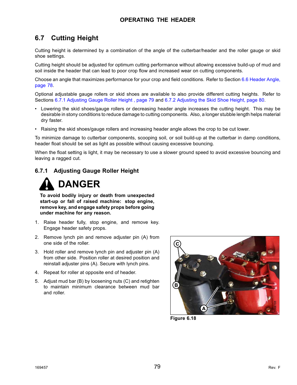 7cutting height, 1adjusting gauge roller height, Cutting height | Adjusting gauge roller height, Danger, 7 cutting height | MacDon R85 Rotary Disc 16 Foot Self-Propelled Windrower Headers User Manual | Page 87 / 182