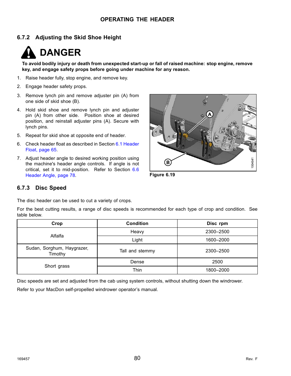 2adjusting the skid shoe height, 3disc speed, Adjusting the skid shoe height | Disc speed, Danger | MacDon R85 Rotary Disc 16 Foot Self-Propelled Windrower Headers User Manual | Page 88 / 182