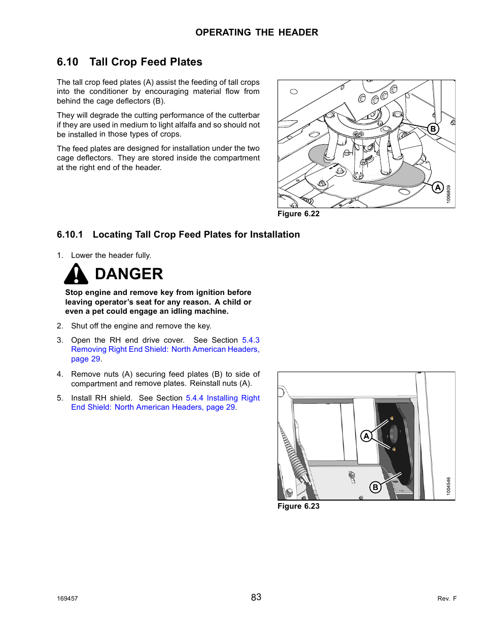 10tall crop feed plates, 1locating tall crop feed plates for installation, Tall crop feed plates | Locating tall crop feed plates for installation, Danger, 10 tall crop feed plates | MacDon R85 Rotary Disc 16 Foot Self-Propelled Windrower Headers User Manual | Page 91 / 182