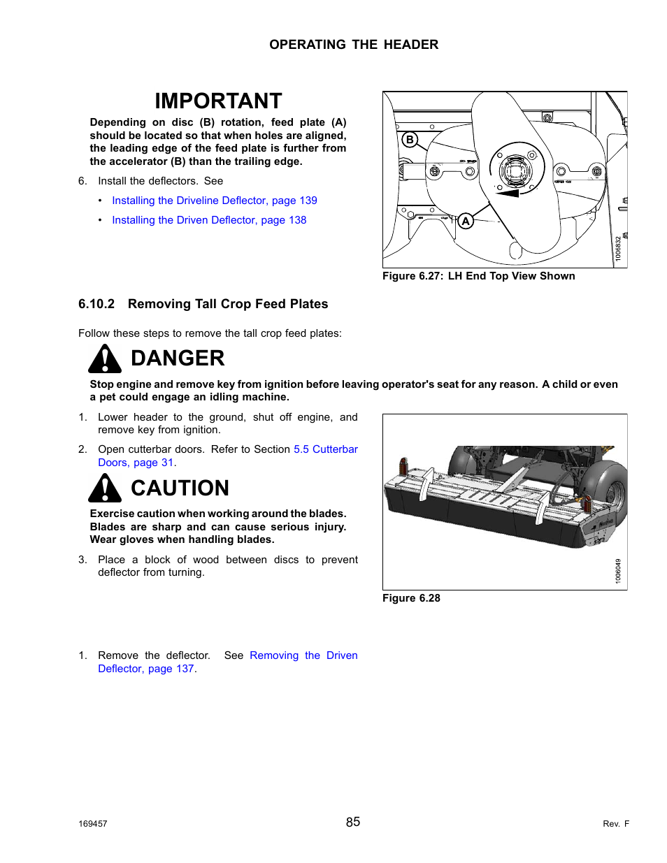 2removing tall crop feed plates, Removing tall crop feed plates, Important | Danger, Caution | MacDon R85 Rotary Disc 16 Foot Self-Propelled Windrower Headers User Manual | Page 93 / 182