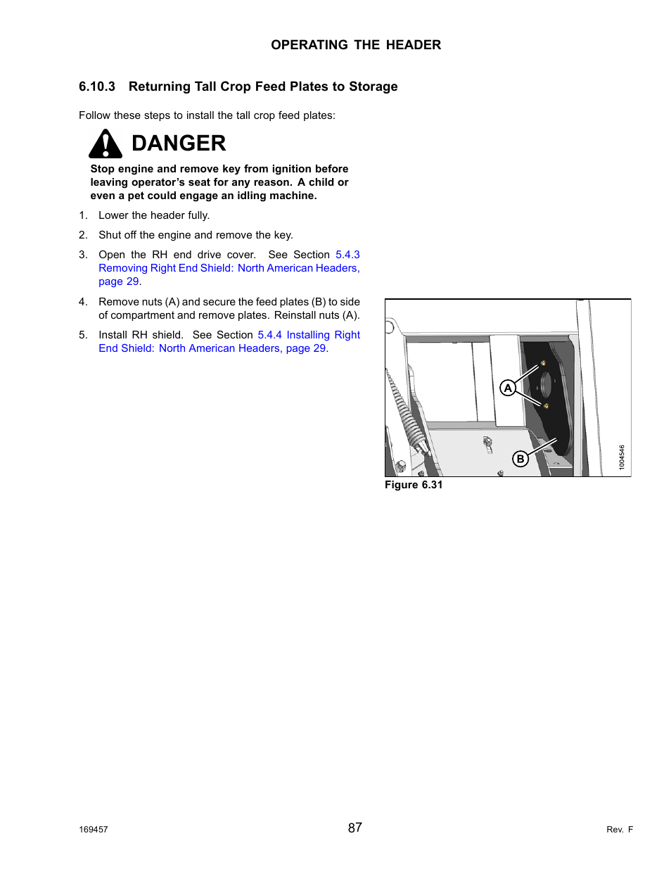 3returning tall crop feed plates to storage, Returning tall crop feed plates to storage, 3 returning tall crop feed plates to | Danger | MacDon R85 Rotary Disc 16 Foot Self-Propelled Windrower Headers User Manual | Page 95 / 182