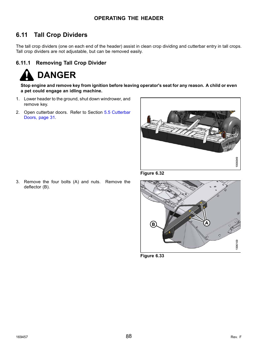 11tall crop dividers, 1removing tall crop divider, Tall crop dividers | Removing tall crop divider, Danger, 11 tall crop dividers | MacDon R85 Rotary Disc 16 Foot Self-Propelled Windrower Headers User Manual | Page 96 / 182