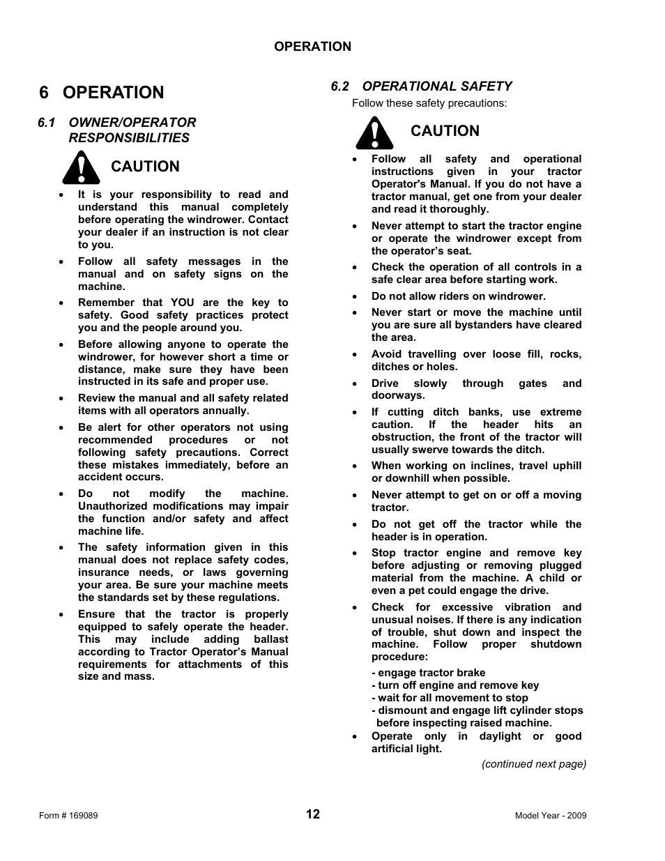 6 operation, Caution | MacDon R80 Rotary Disc User Manual | Page 14 / 103