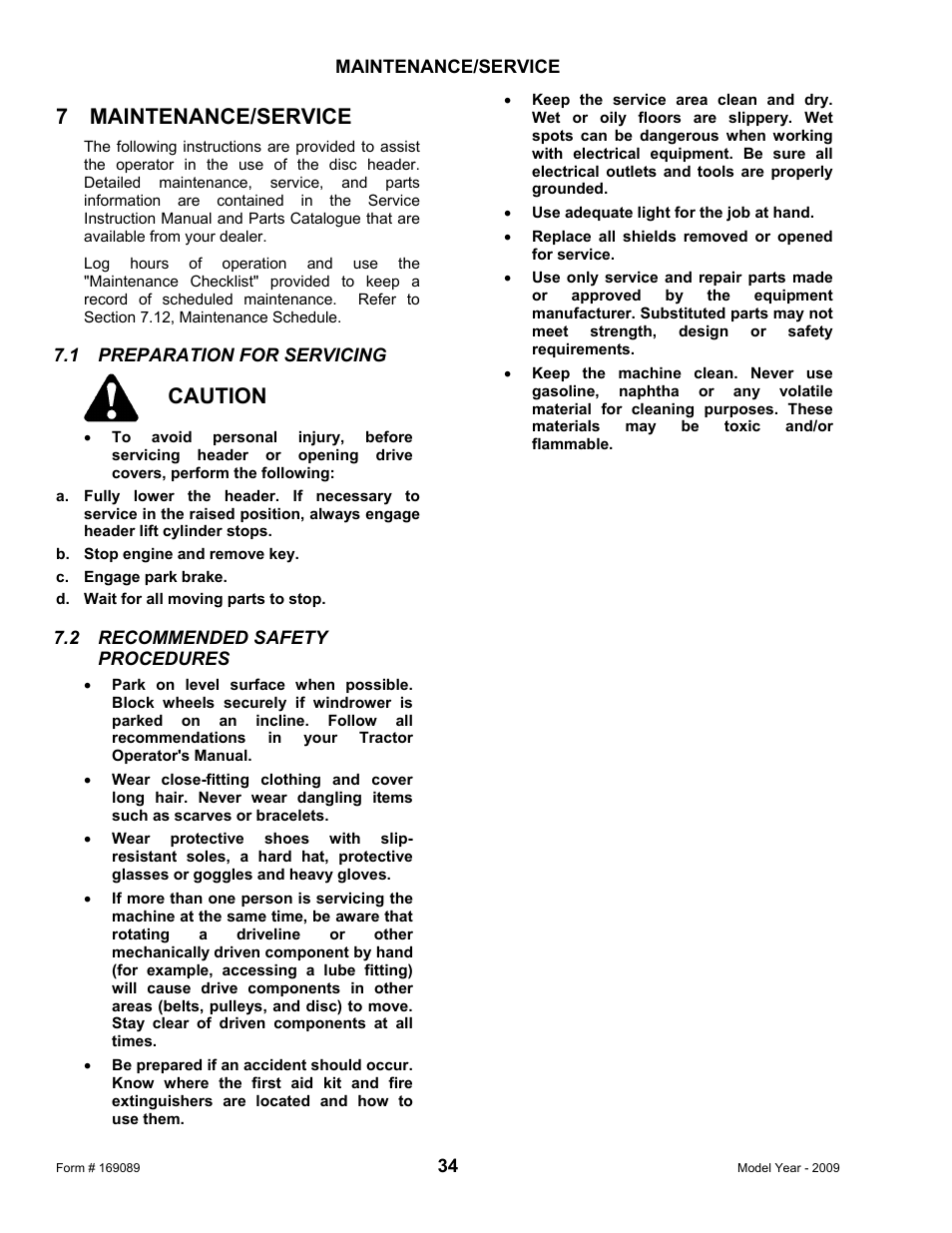 7 maintenance/service, Caution | MacDon R80 Rotary Disc User Manual | Page 36 / 103