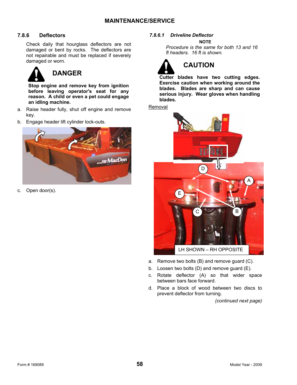 Danger, Caution | MacDon R80 Rotary Disc User Manual | Page 60 / 103