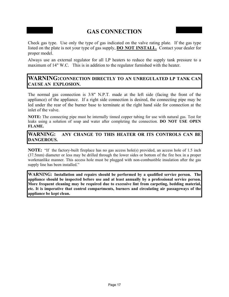 Gas connection, Warning | New Buck Corporation 32 User Manual | Page 19 / 42