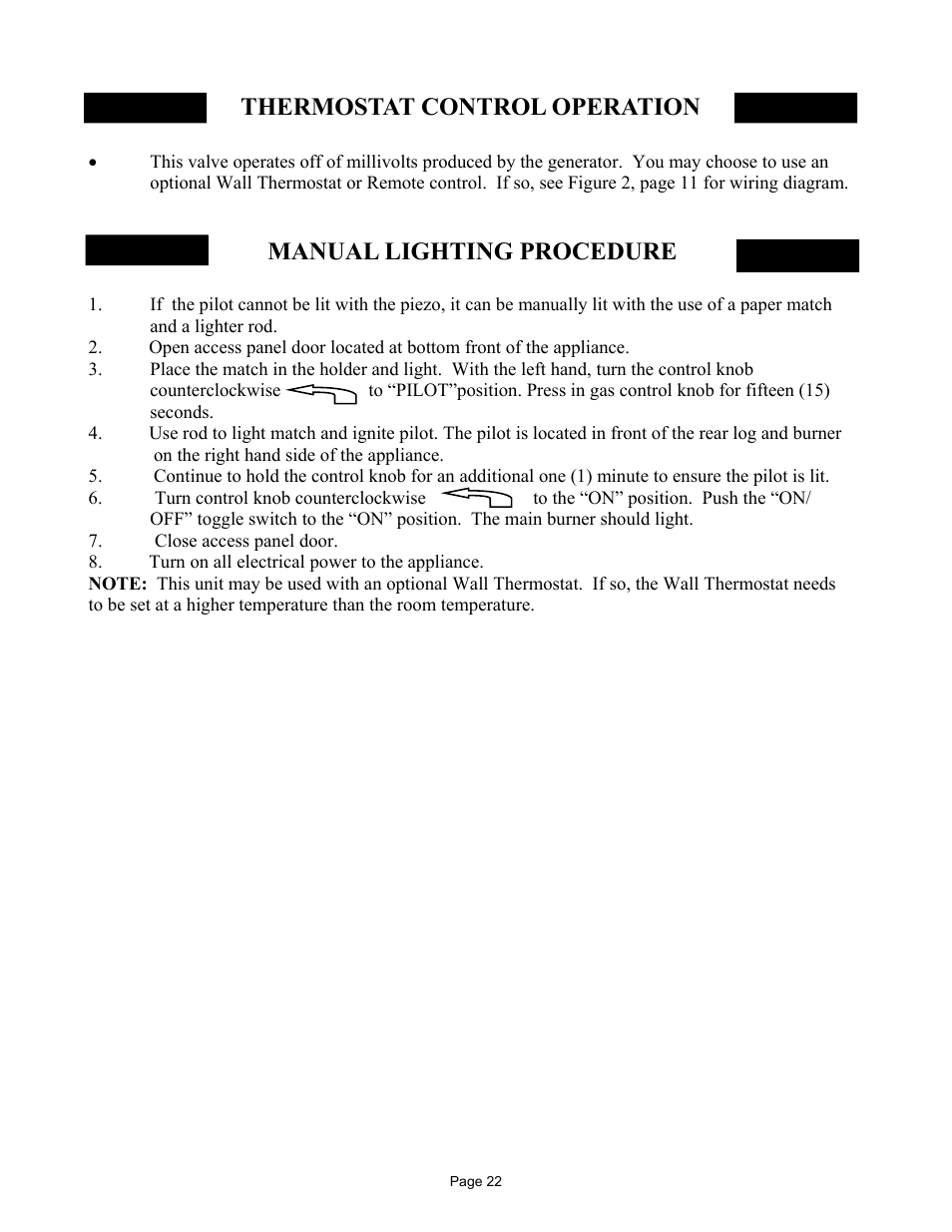 Thermostat control operation, Manual lighting procedure | New Buck Corporation 32 User Manual | Page 24 / 42