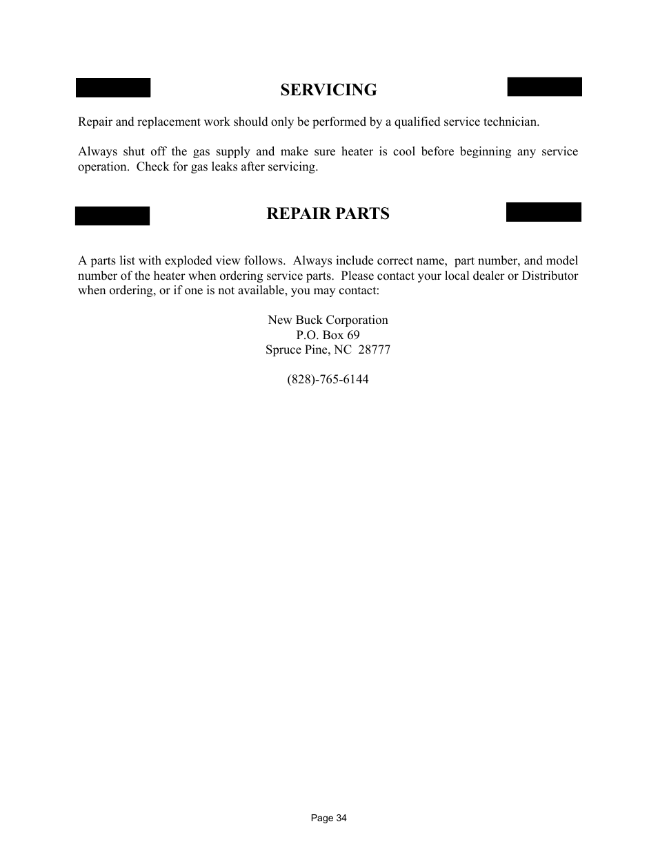Servicing, Repair parts | New Buck Corporation 32 User Manual | Page 36 / 42