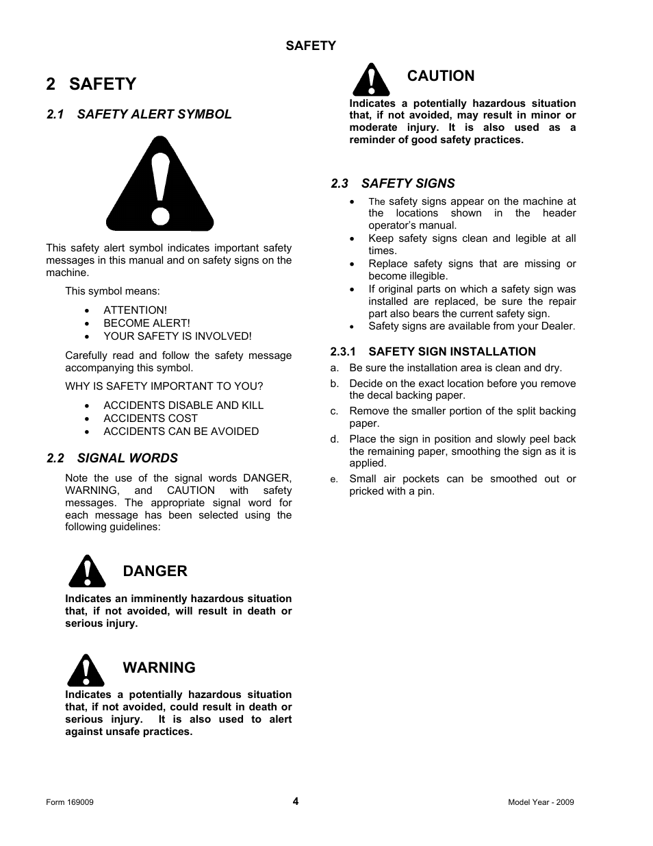 2 safety, Danger, Warning | Caution | MacDon CA20 Operators Manual User Manual | Page 6 / 100