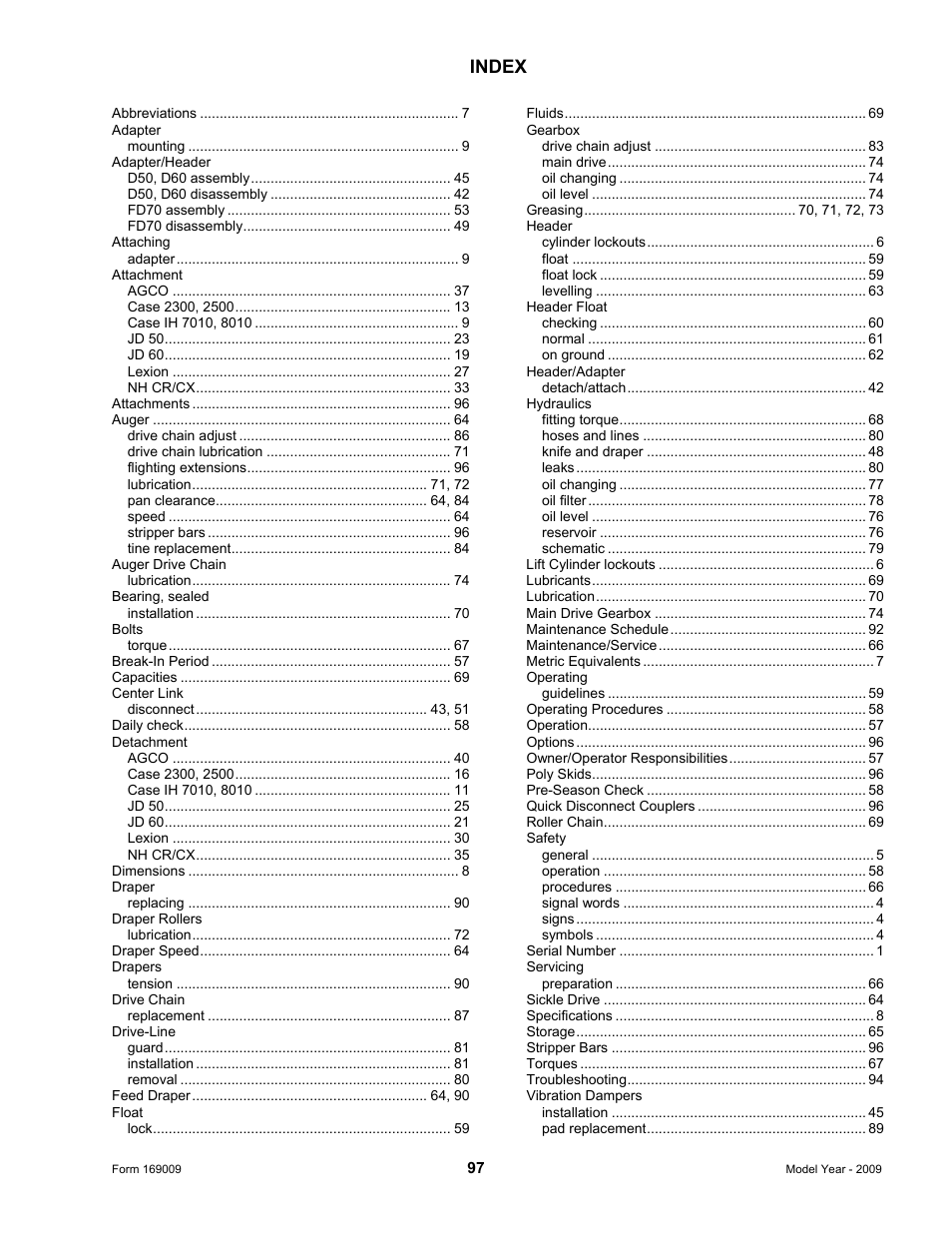Index | MacDon CA20 Operators Manual User Manual | Page 99 / 100