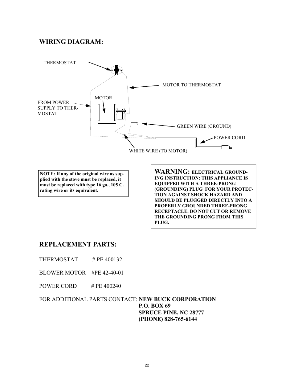 Wiring diagram: warning, Replacement parts | New Buck Corporation 21 User Manual | Page 24 / 27