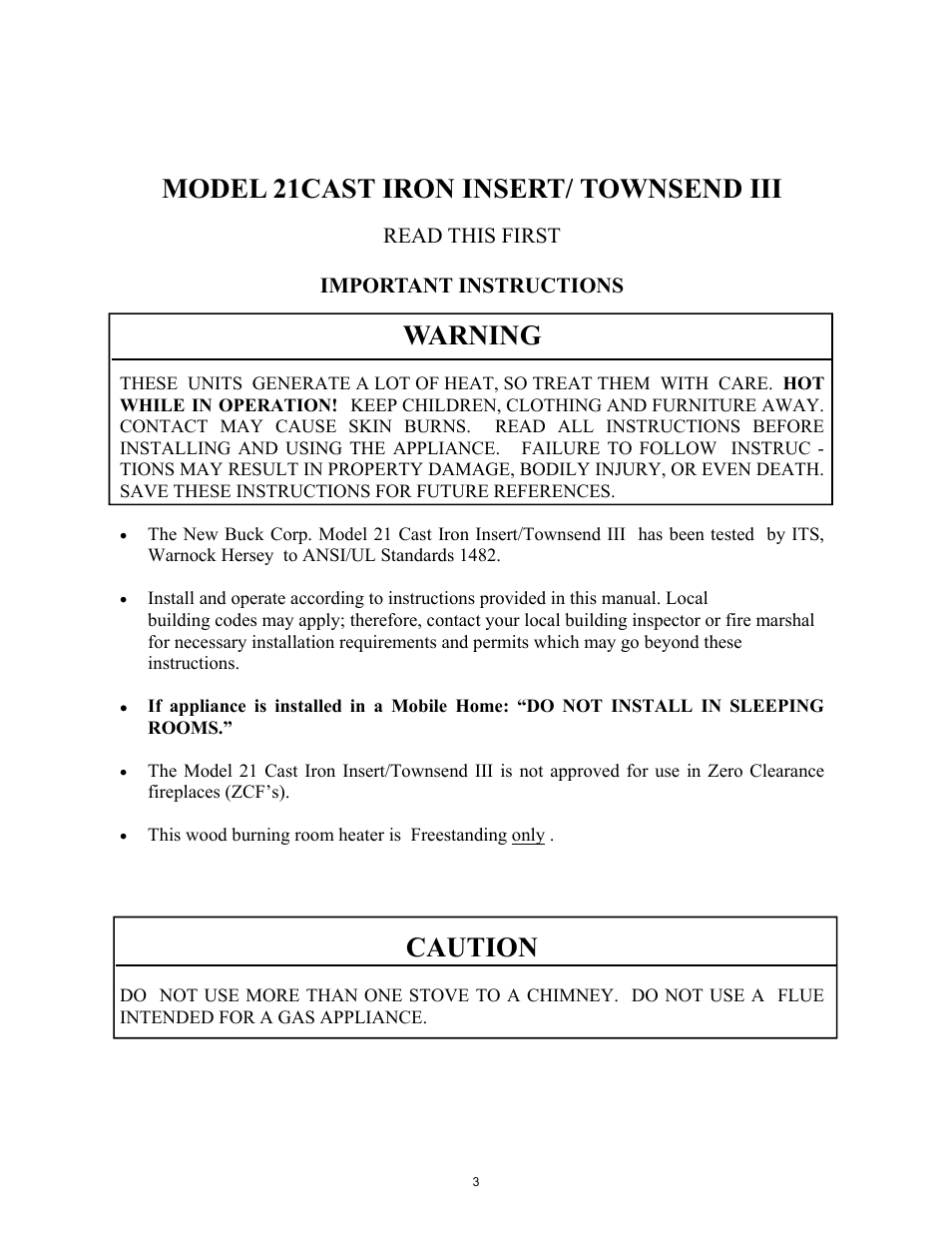 Model 21cast iron insert/ townsend iii, Warning, Caution | New Buck Corporation 21 User Manual | Page 5 / 27