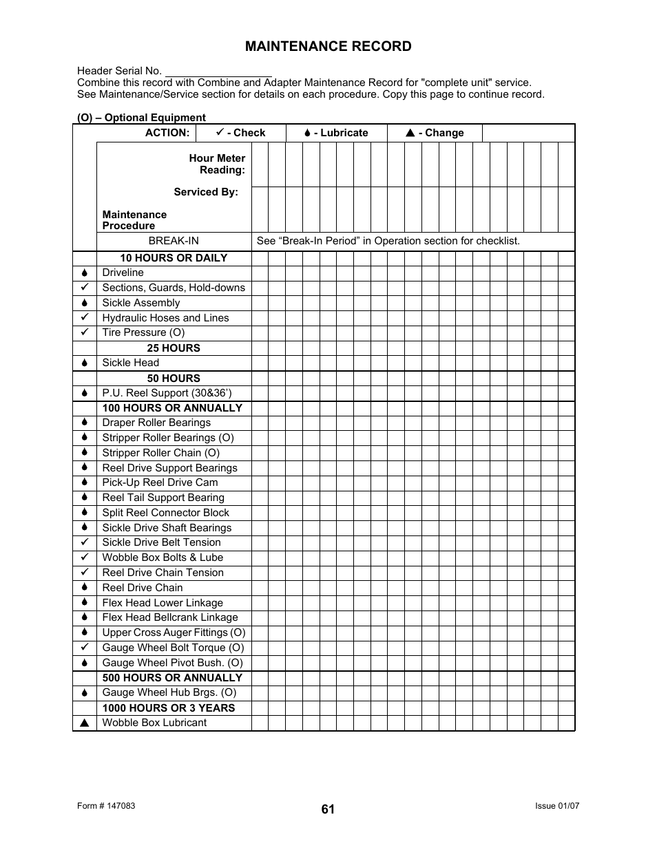 Maintenance record | MacDon 974 FlexDraper User Manual | Page 63 / 95