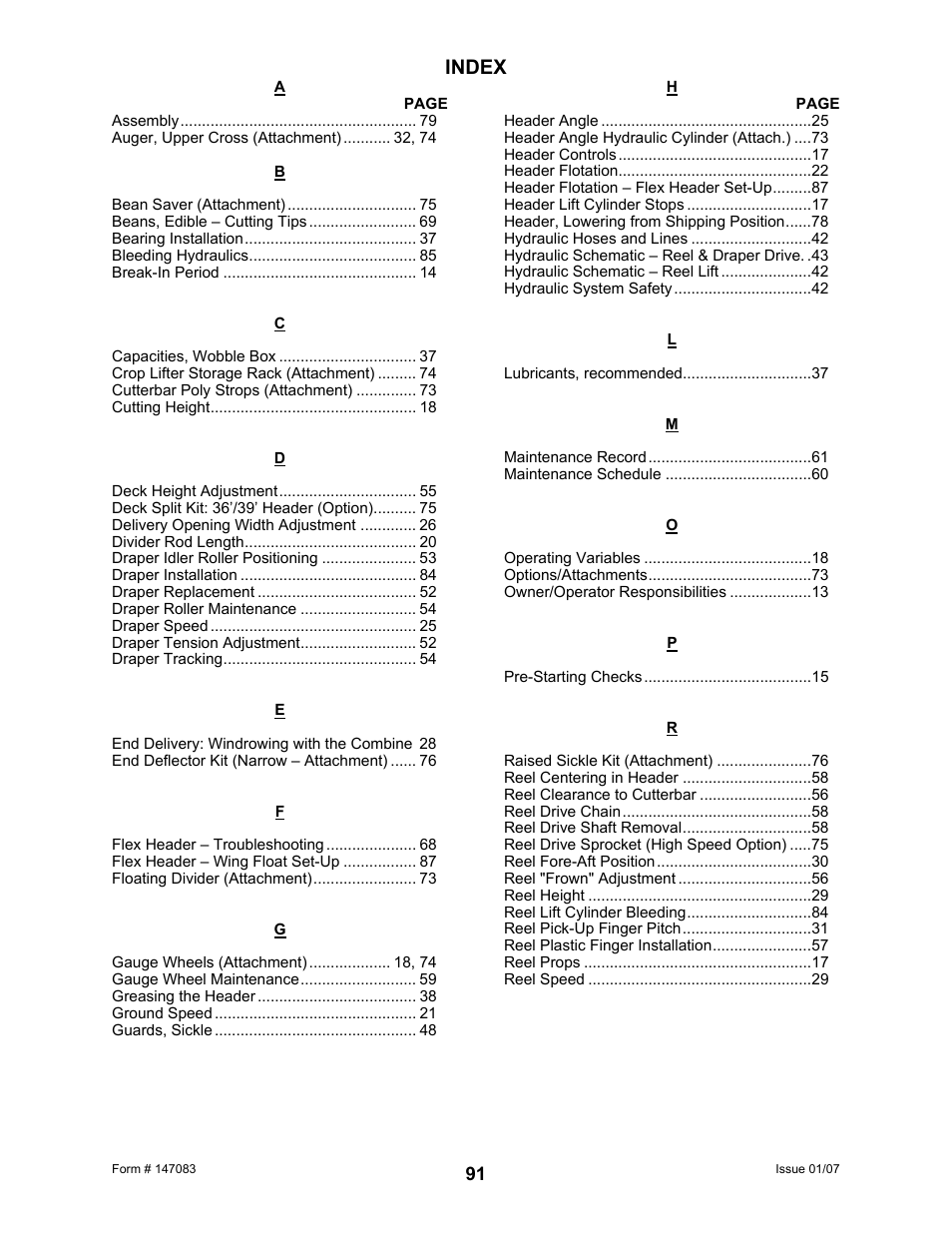 Index | MacDon 974 FlexDraper User Manual | Page 93 / 95