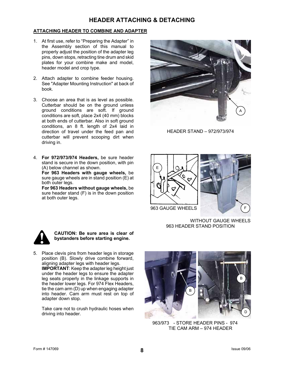 Header attaching & detaching | MacDon 873 Combine Adapter User Manual | Page 10 / 91