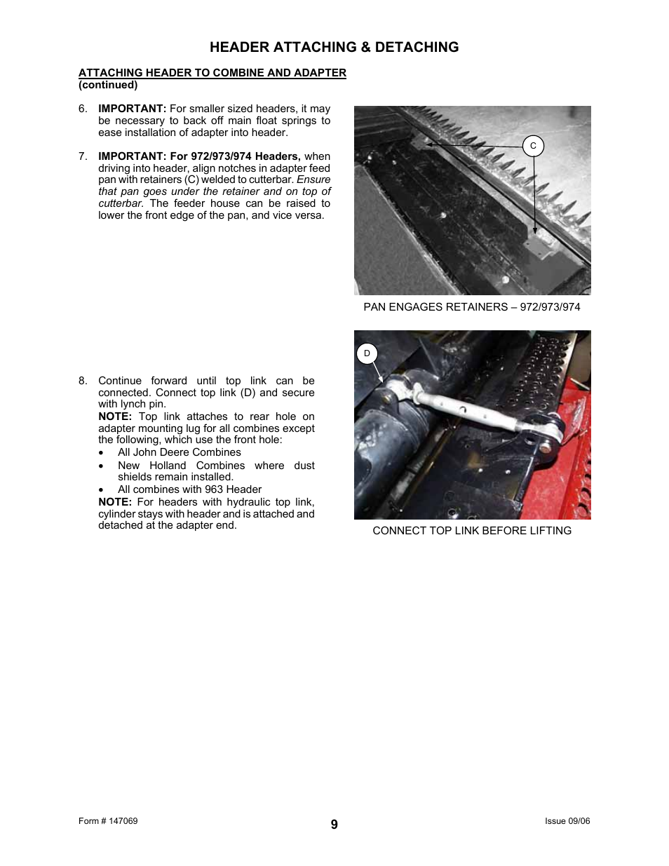 Header attaching & detaching | MacDon 873 Combine Adapter User Manual | Page 11 / 91