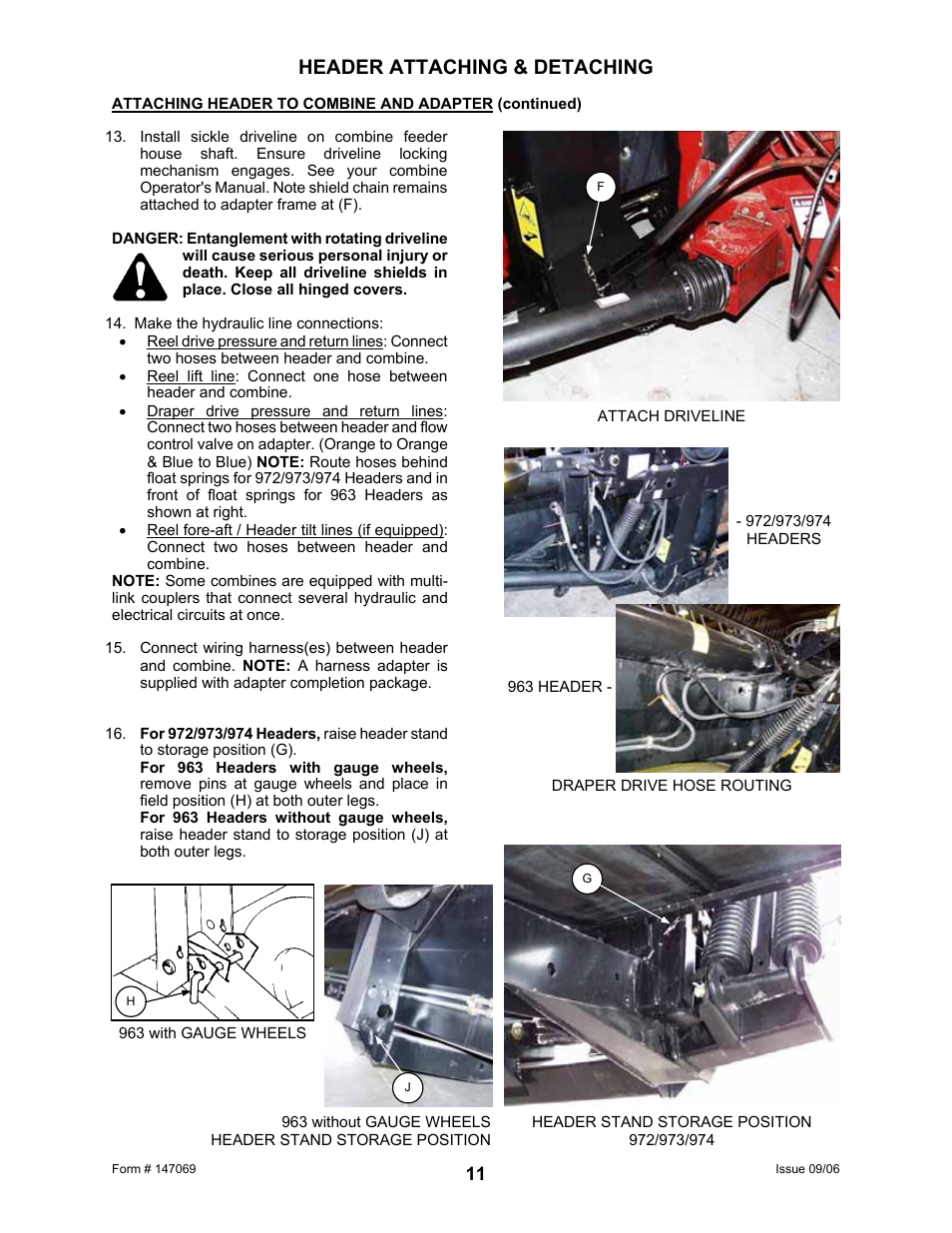 Header attaching & detaching | MacDon 873 Combine Adapter User Manual | Page 13 / 91