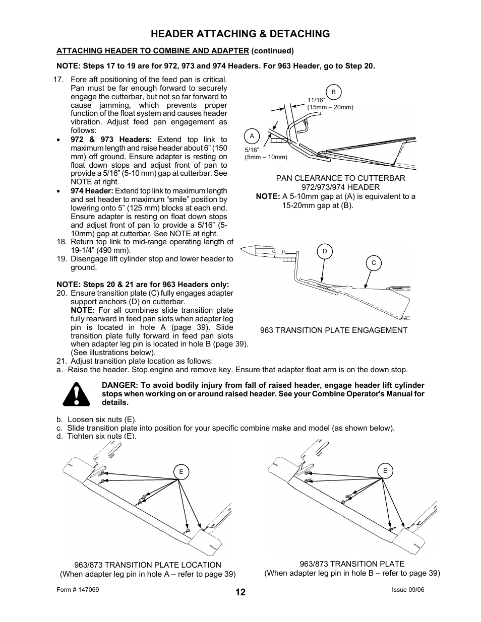 Header attaching & detaching | MacDon 873 Combine Adapter User Manual | Page 14 / 91