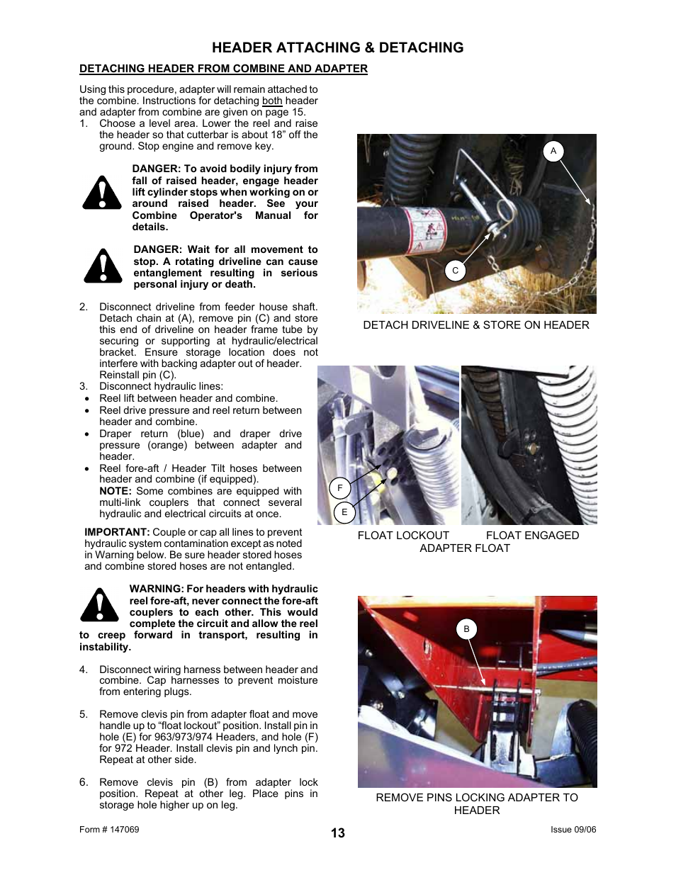Header attaching & detaching | MacDon 873 Combine Adapter User Manual | Page 15 / 91