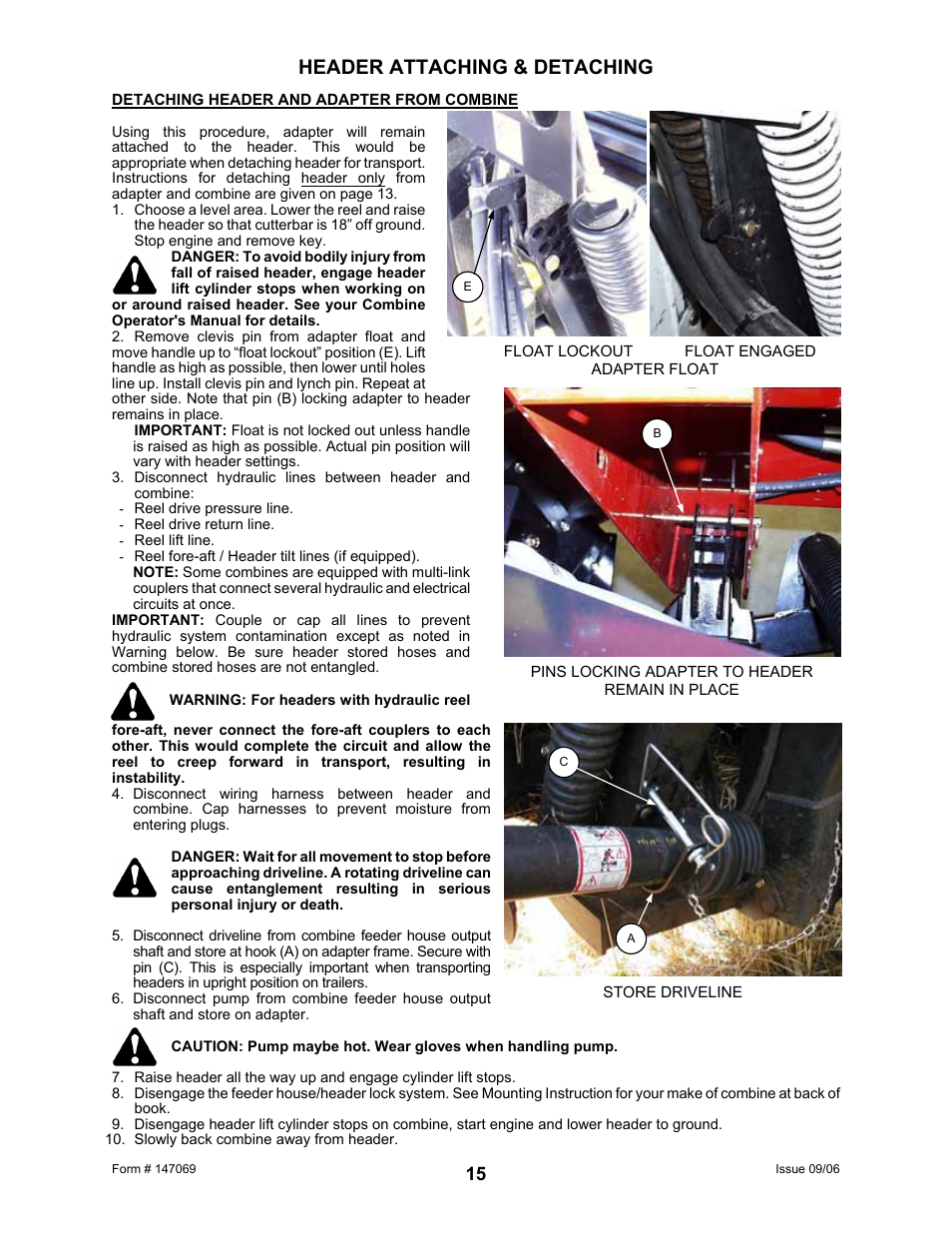 Header attaching & detaching | MacDon 873 Combine Adapter User Manual | Page 17 / 91