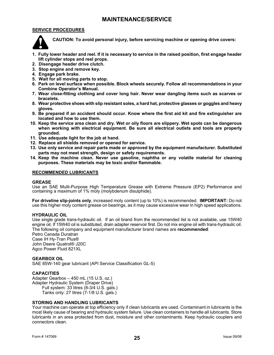 Maintenance/service | MacDon 873 Combine Adapter User Manual | Page 27 / 91