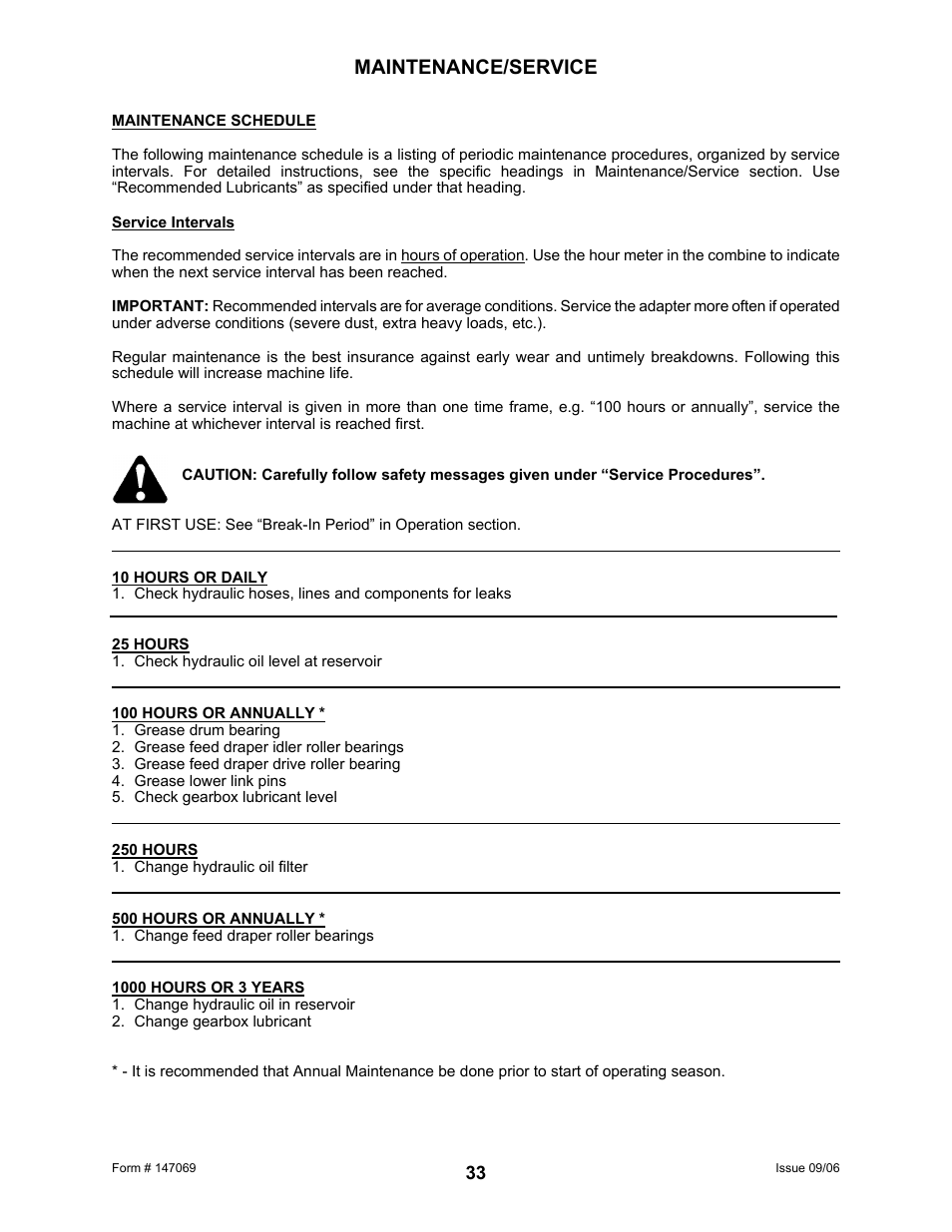 Maintenance/service | MacDon 873 Combine Adapter User Manual | Page 35 / 91